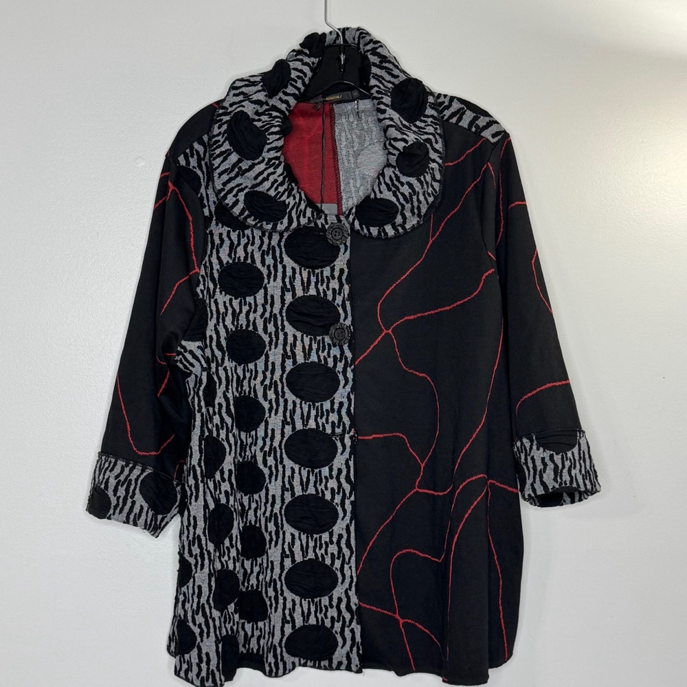 Radzoli Jacket Cardigan Red Black Polka Dots Size L Artsy Unique
